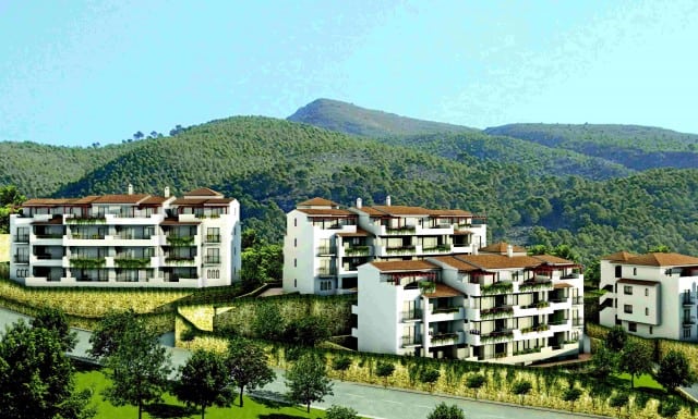 Luchtperspectief zicht van appartementsgebouwen met nieuwbouw appartementen Te koop in Alcaucín in Spanje, gelegen aan de Costa del Sol-Oost