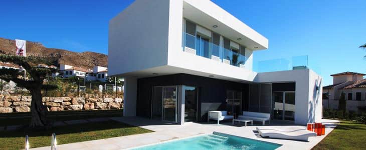 Vooraanzicht van moderne Nieuwbouw Villa Te koop in Finestrat in Spanje, gelegen aan de Costa Blanca-Noord
