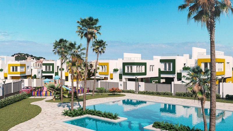 Gemeenschappelijke tuin en zwembad van Nieuwbouw Huis Te koop in Dénia in Spanje, gelegen aan de Costa Blanca-Noord
