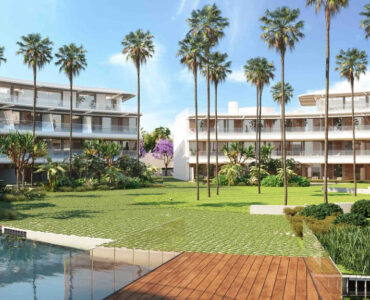Zicht op gemeenschappelijke tuin en zwembad van Nieuwbouw Project  in Estepona in Spanje, gelegen aan de Costa del Sol-West