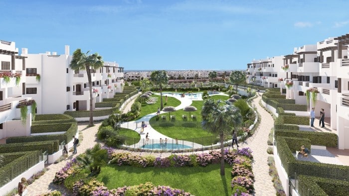Overzicht gemeenschappelijke tuin van Appartement Te koop in San Juan De Los Terreros in Spanje, gelegen aan de Costa de Almería