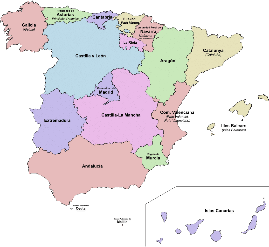 Kaart Spanje – Regio’s Kaart van Spanje met de verschillende Spaanse Regio