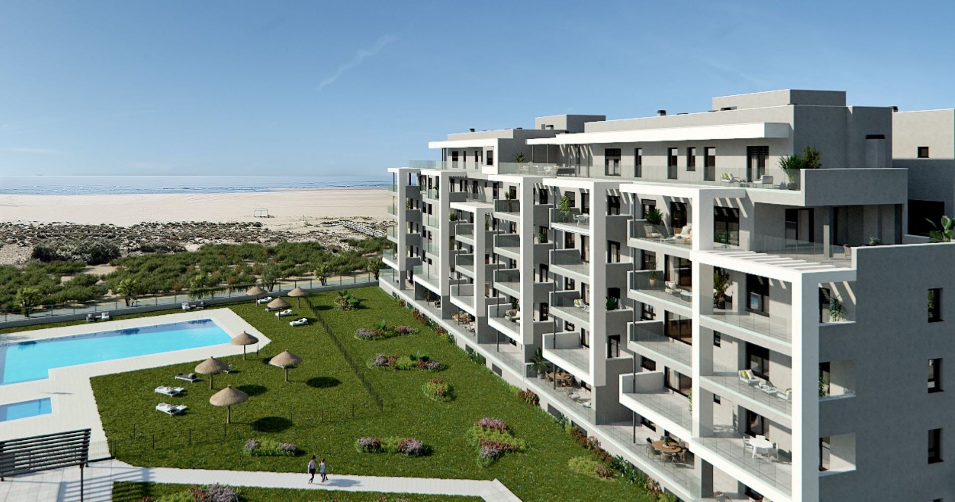 Bovenaanzicht complex en de zee van Nieuwbouw Appartementen Te koop in Isla Canela in Spanje, gelegen aan de Costa de la Luz