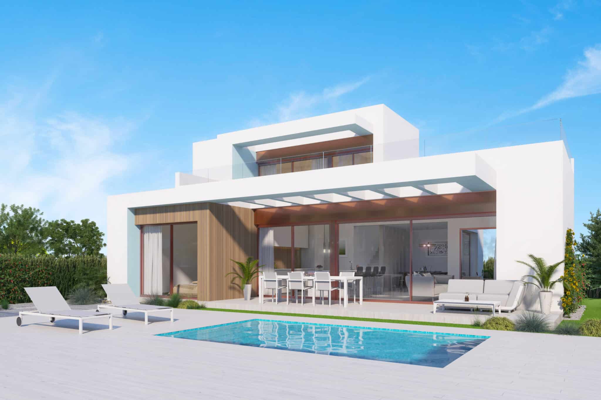 Zwembad en vooraanzicht Nieuwbouw Villa Te koop in Orihuela in Spanje, gelegen aan de Costa Blanca-Zuid