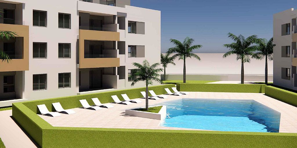 3D-tekening van zwembad en gebouw met Nieuwbouw Appartementen Te koop in Roquetas De Mar in Spanje, gelegen aan de Costa de Almería