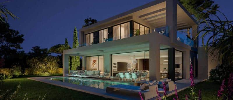 Nachtelijk zicht op verlichte Nieuwbouw Villa Te koop in Benahavis in Spanje, gelegen aan de Costa del Sol-West