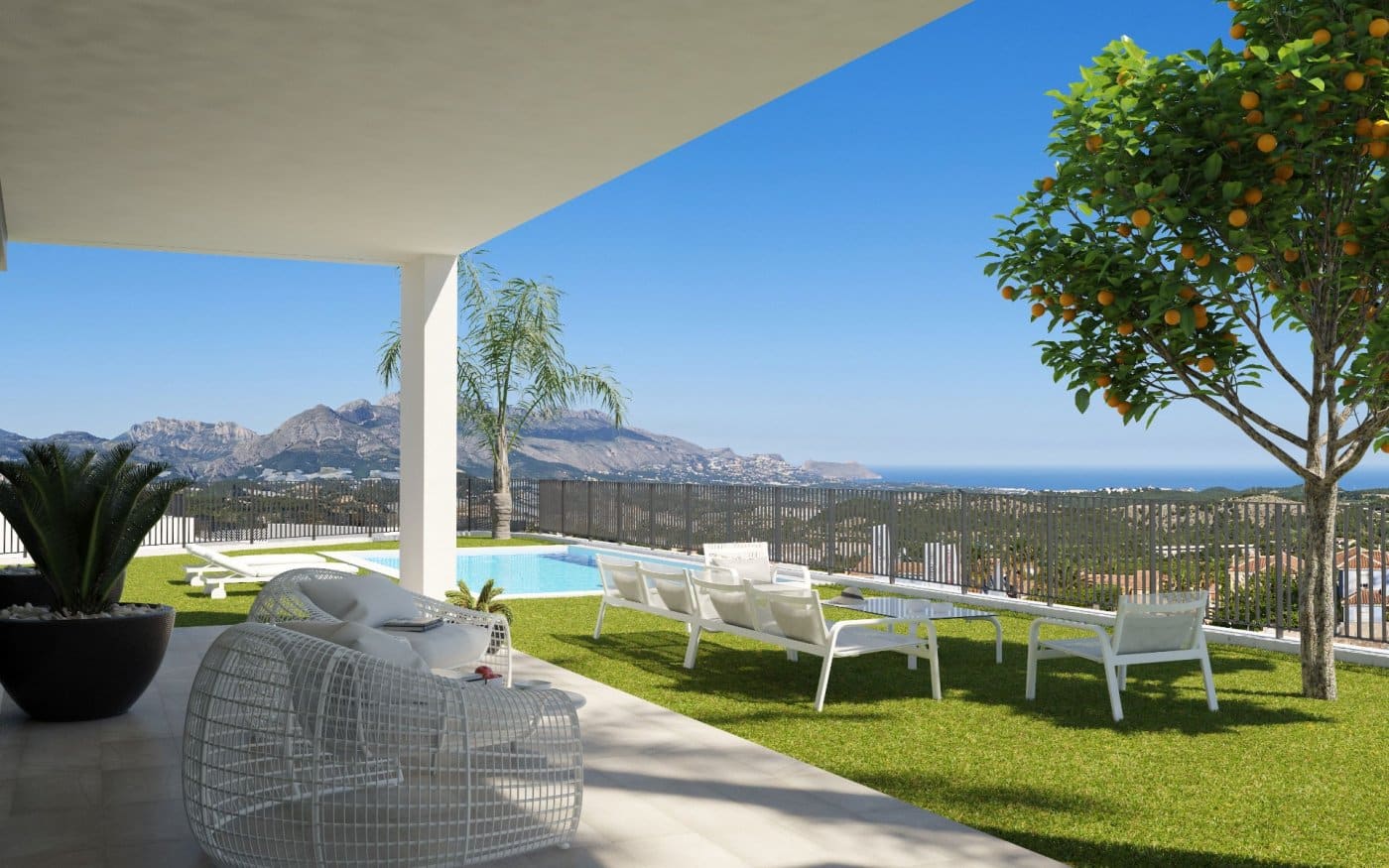 Terras met panoramisch zicht vanaf Nieuwbouw Villa Te koop in Polop in Spanje, gelegen aan de Costa Blanca-Noord