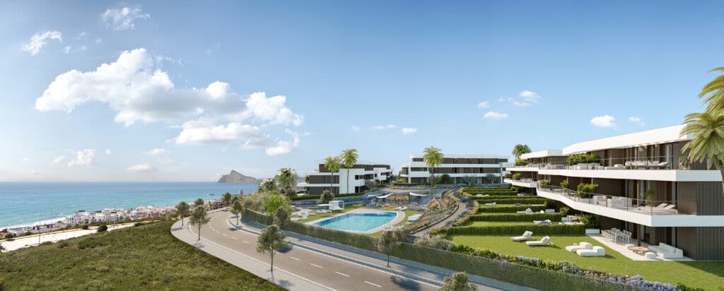 Zeezicht, gemeenschappelijk zwembad van nieuwbouw appartementen in Casares (29690) in Spanje, gelegen aan de  Costa del Sol-West