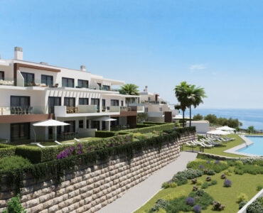 Luchtfoto complex met zwembad en zeezicht van Nieuwbouw Appartementen Te koop in Casares (29690) in Spanje, gelegen aan de Costa del Sol-West