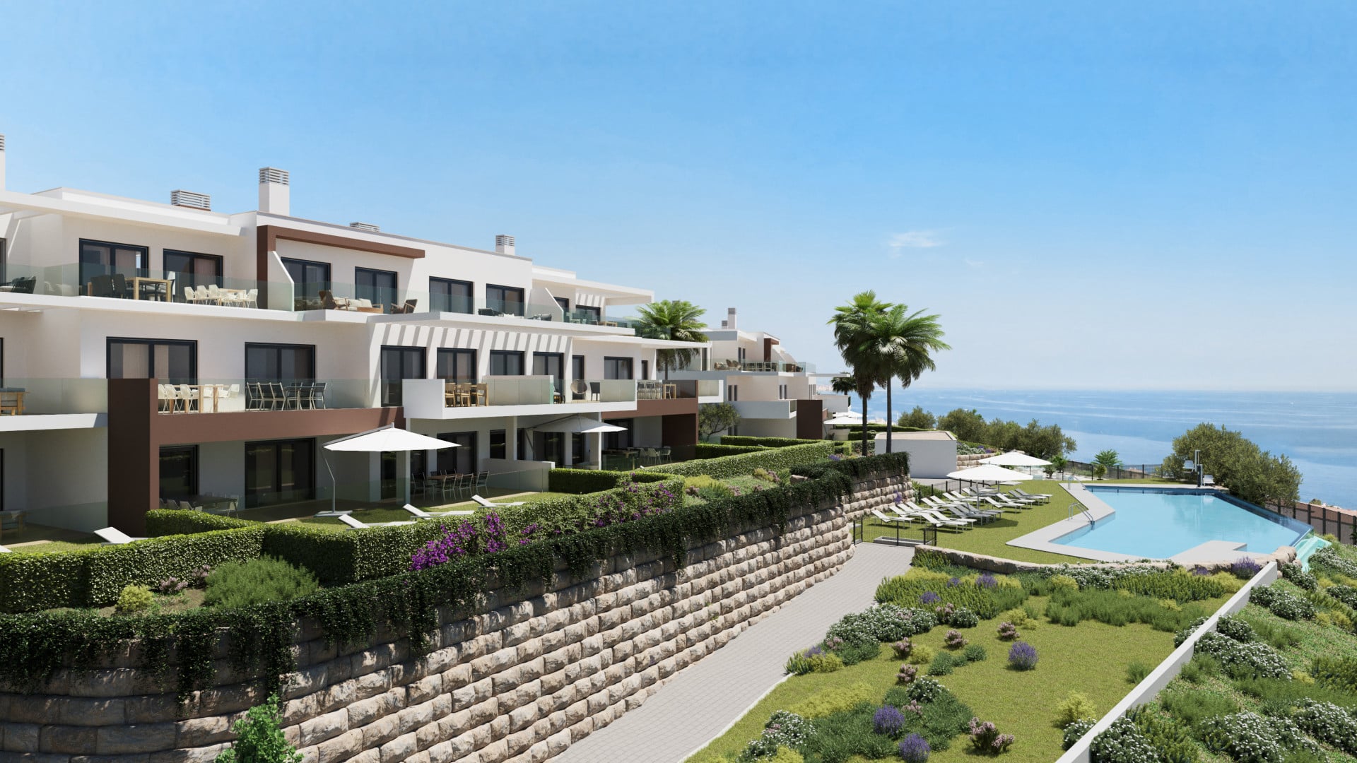Luchtfoto complex met zwembad en zeezicht van Nieuwbouw Appartementen Te koop in Casares (29690) in Spanje, gelegen aan de Costa del Sol-West