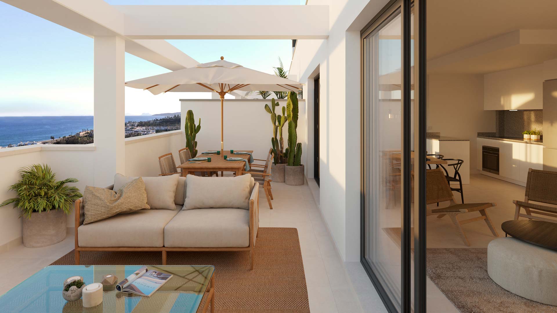 Terras, zeezicht van nieuwbouw appartement in Estepona in Spanje, gelegen aan de  Costa del Sol-West