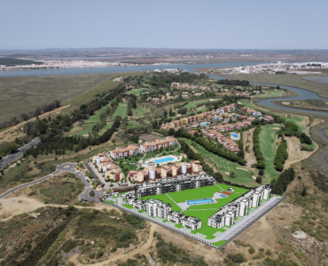 Luchtfoto complex Nieuwbouw Appartementen Te koop in Isla Canela in Spanje, gelegen aan de Costa de la Luz
