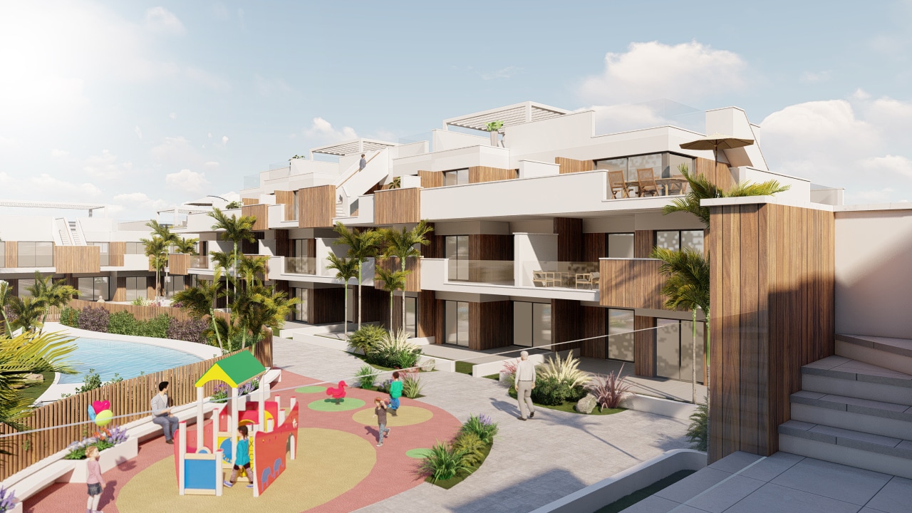 Speeltuintje en vooraanzicht Nieuwbouw appartementen in Pilar De La Horadada in Spanje, gelegen aan de  Costa Blanca-Zuid