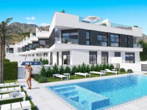Nieuwbouw Project in Pozo Del Esparto in Spanje, gelegen aan de Costa de Almería Zwembad en gebouw van Nieuwbouw Project in Pozo Del Esparto in Spanje, gelegen aan de Costa de Almería