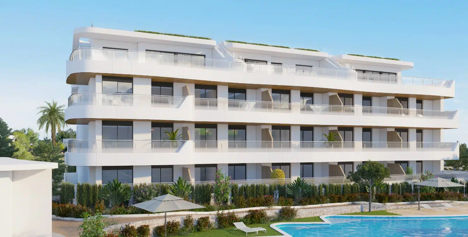 Gemeenschappelijk zwembad en vooraanzicht van nieuwbouw appartementen in Orihuela-Costa in Spanje, gelegen aan de  Costa Blanca-Zuid