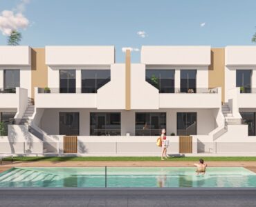 Gemeenschappelijk zwembad en vooraanzicht van nieuwbouw appartementen in San Pedro Del Pinatar in Spanje, gelegen aan de  Costa Cálida