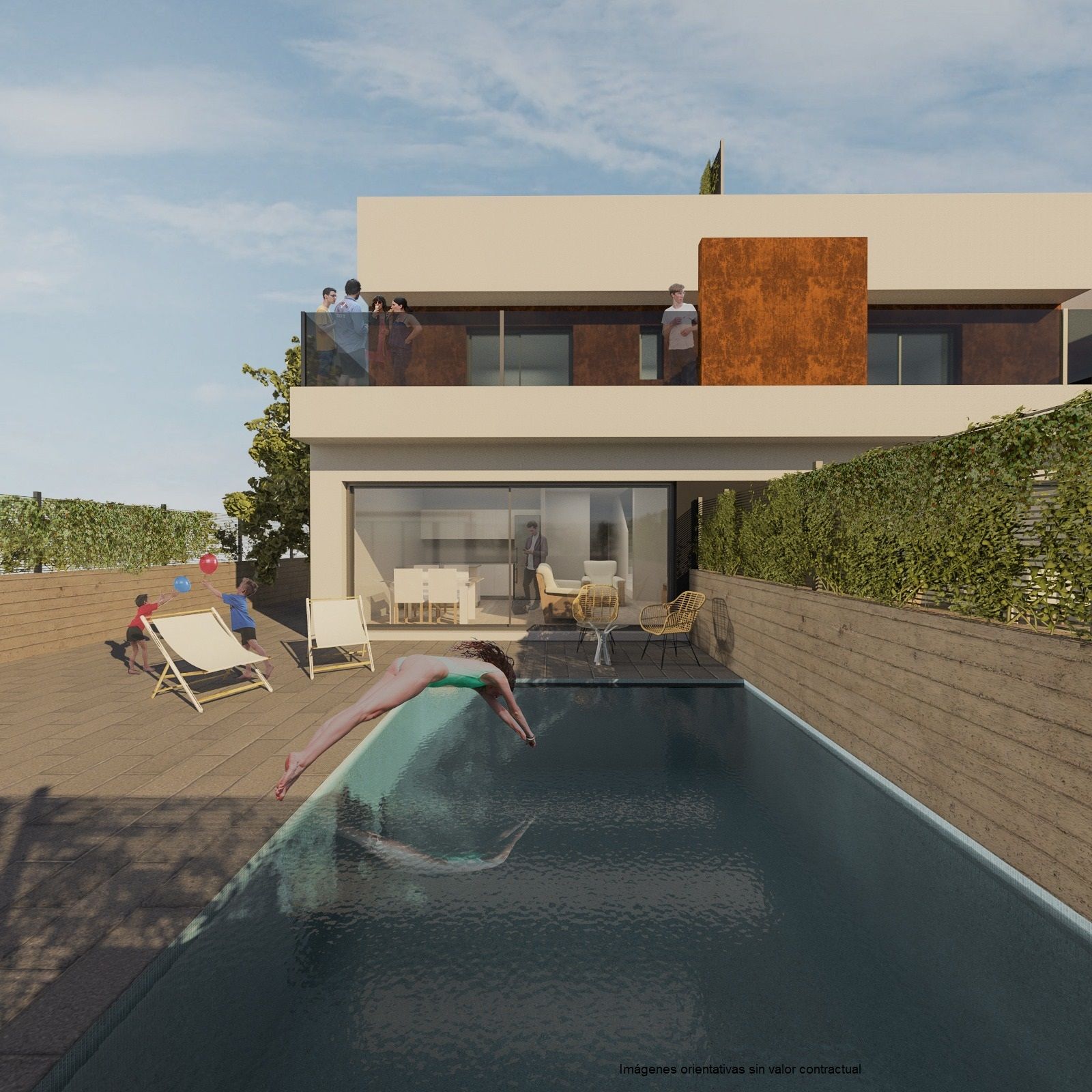 Zwembad en vooraanzicht van nieuwbouw huis in Torre De La Horadada in Spanje, gelegen aan de  Costa Blanca-Zuid