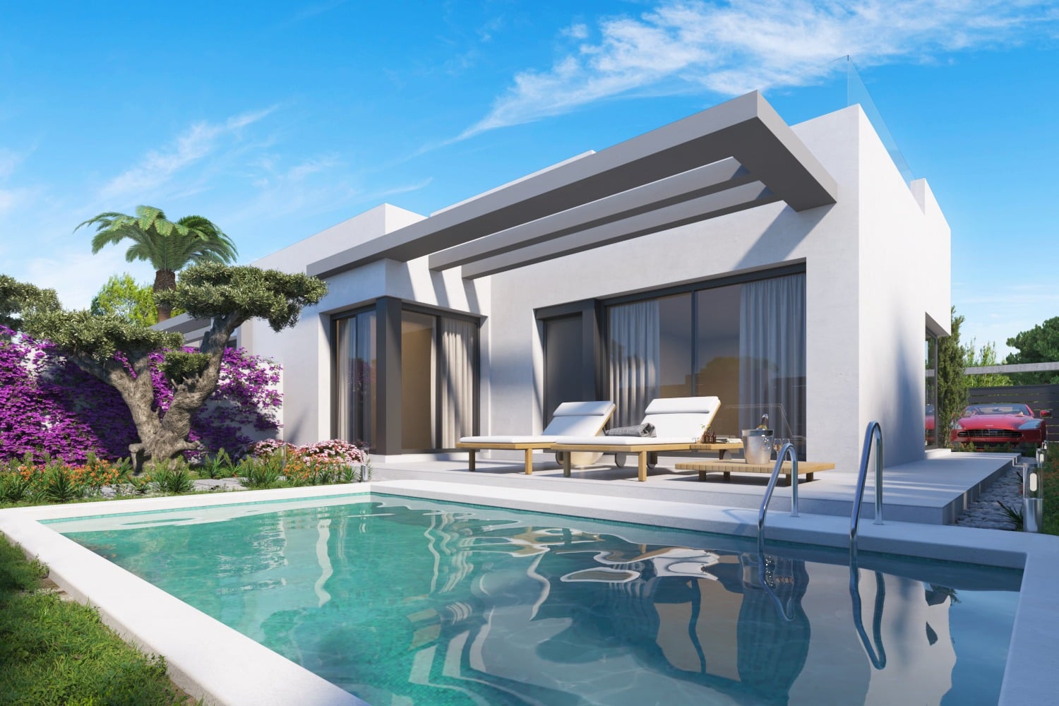 Terras, zwembad en vooraanzicht van nieuwbouw huis in Orihuela in Spanje, gelegen aan de  Costa Blanca-Zuid