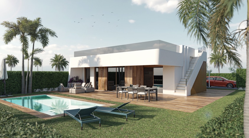 Terras, zwembad en vooraanzicht van nieuwbouw villa in Alhama de Murcia in Spanje, gelegen aan de  Costa Cálida