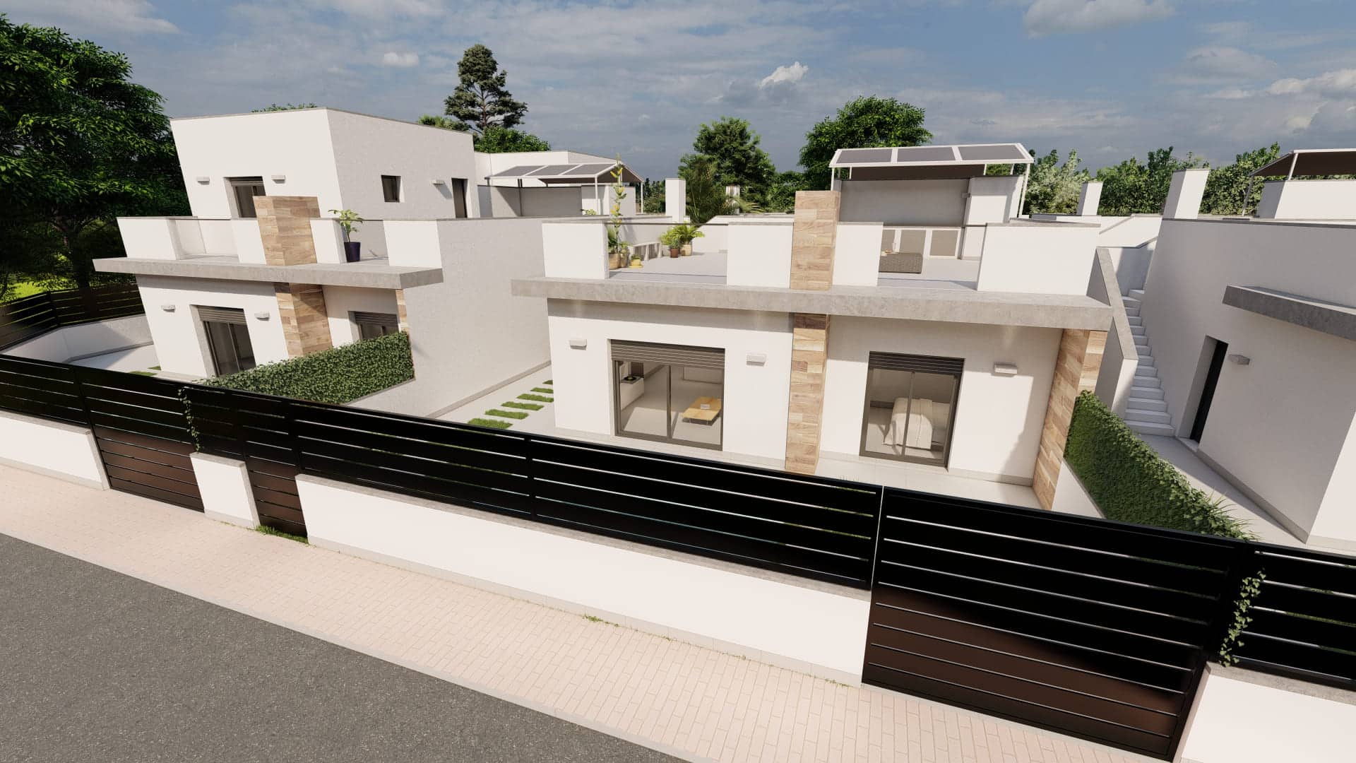Vooraanzicht van nieuwbouw villa's in Roldan in Spanje, gelegen aan de  Costa Cálida