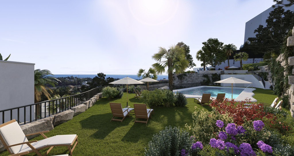 Zeezicht, tuin en gemeenschappelijk zwembad van nieuwbouw appartementen in Benahavis in Spanje, gelegen aan de  Costa del Sol-West