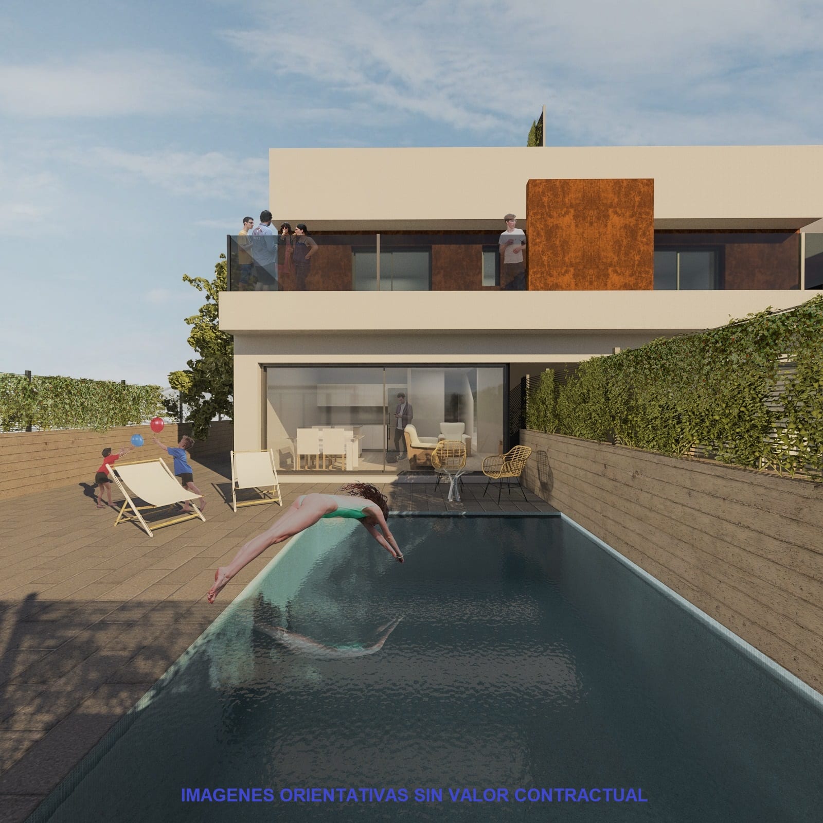Terras, zwembad en vooraanzicht van nieuwbouw huis in Santiago De La Ribera in Spanje, gelegen aan de  Costa Cálida