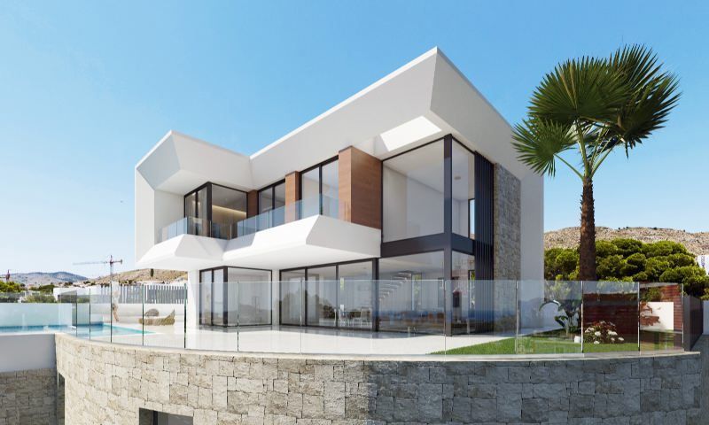 Vooraanzicht van nieuwbouw villa in Finestrat in Spanje, gelegen aan de  Costa Blanca-Noord