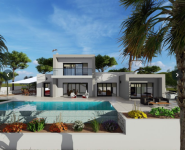 Vooraanzicht met zwembad van nieuwbouw Villa Te koop in Benissa in Spanje, gelegen aan de Costa Blanca-Noord
