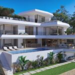 Zwembad en vooraanzicht van nieuwbouw villa in Altea Hills in Spanje, gelegen aan de  Costa Blanca-Noord