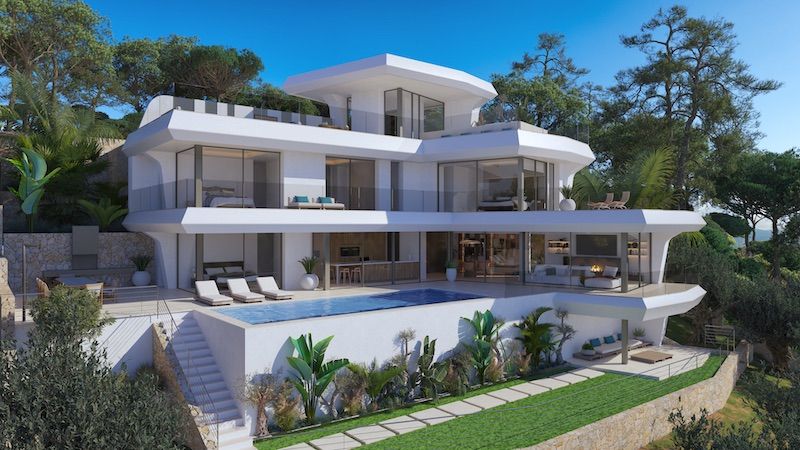 Zwembad en vooraanzicht van nieuwbouw villa in Altea Hills in Spanje, gelegen aan de  Costa Blanca-Noord