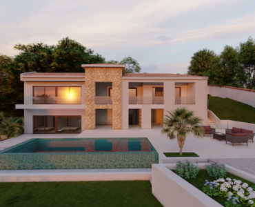 Terras, zwembad en vooraanzicht van nieuwbouw villa in Altea in Spanje, gelegen aan de  Costa Blanca-Noord