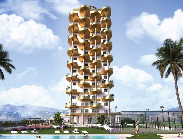 Vooraanzicht van torengebouw met Nieuwbouw Appartement Te koop in Calpe in Spanje, gelegen aan de Costa Blanca-Noord