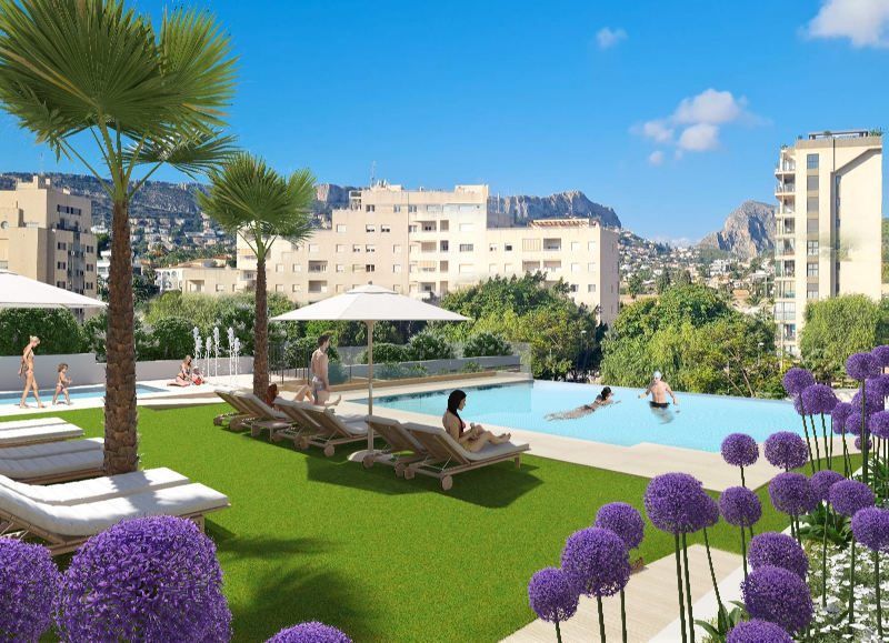 Gemeenschappelijke zone met zwembad en ligweide van Nieuwbouw Appartement Te koop in Calpe in Spanje, gelegen aan de Costa Blanca-Noord