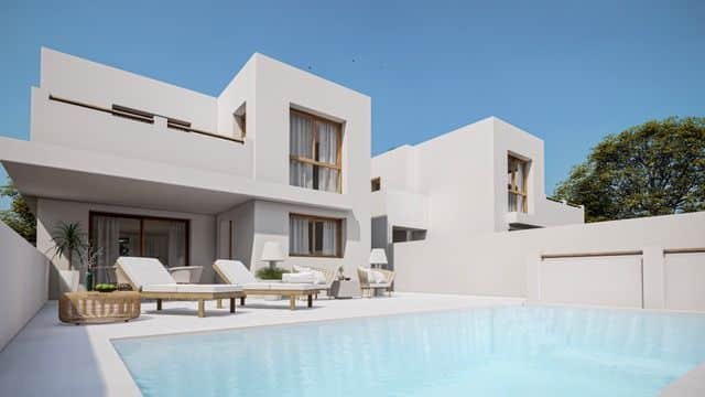 Terras met zwembad van Nieuwbouw Villa Te koop in Alfaz del Pi in Spanje, gelegen aan de Costa Blanca-Noord