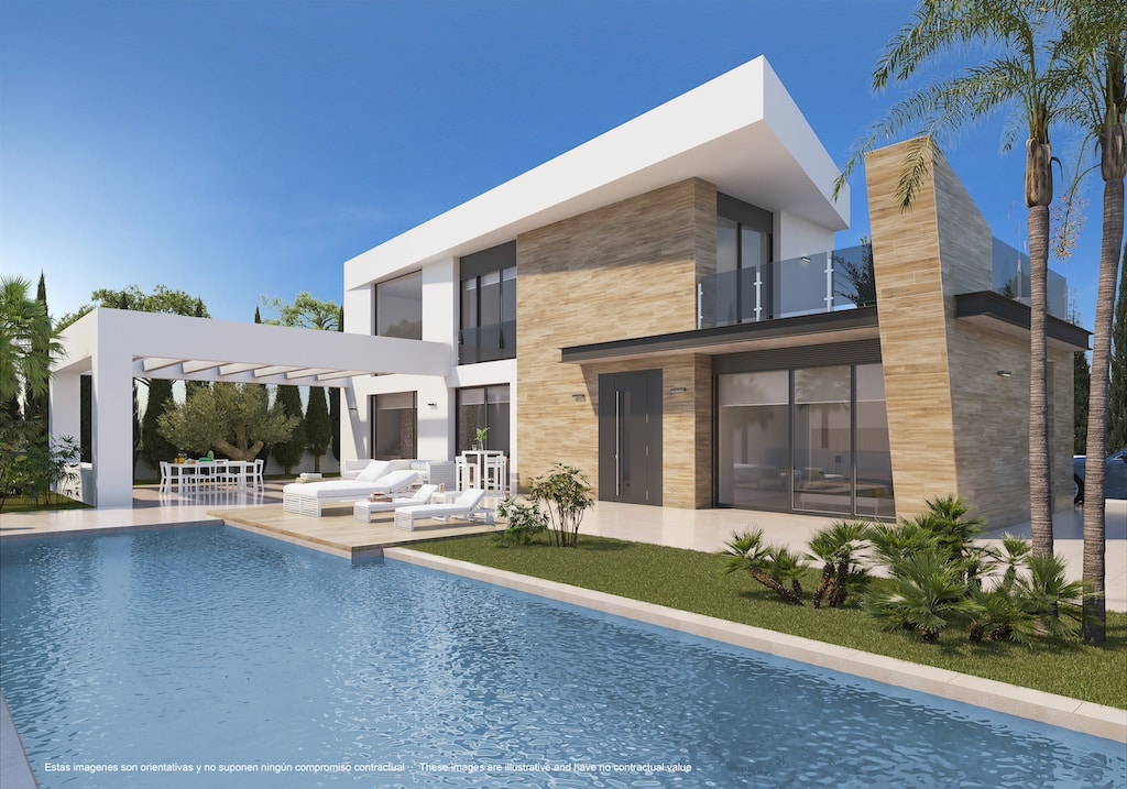 Zwembad en vooraanzicht van nieuwbouw villa in Ciudad Quesada in Spanje, gelegen aan de  Costa Blanca-Zuid