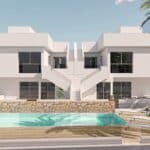 Gemeenschappelijk zwembad en vooraanzicht van in Pilar De La Horadada in Spanje, gelegen aan de  Costa Blanca-Zuid