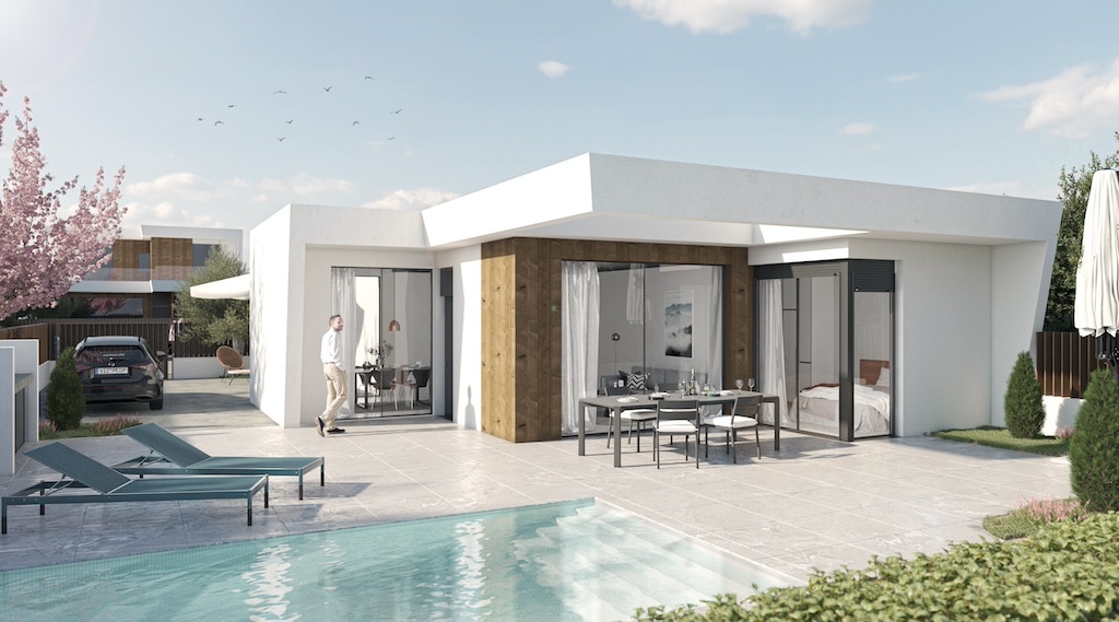 Zwembad en vooraanzicht van in Pilar De La Horadada in Spanje, gelegen aan de  Costa Blanca-Zuid