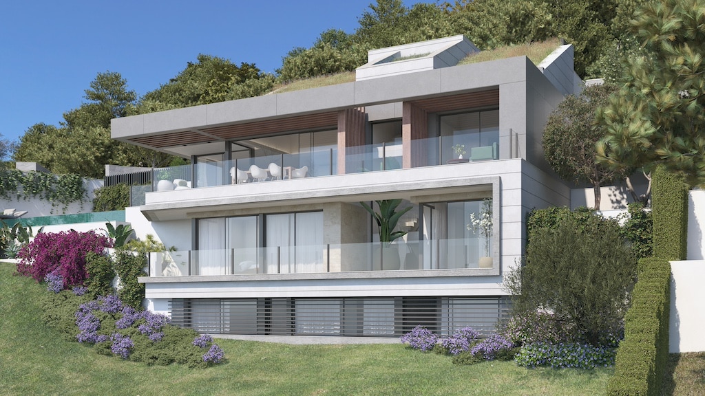 Vooraanzicht van nieuwbouw villa in Malaga in Spanje, gelegen aan de  Costa del Sol-Centro