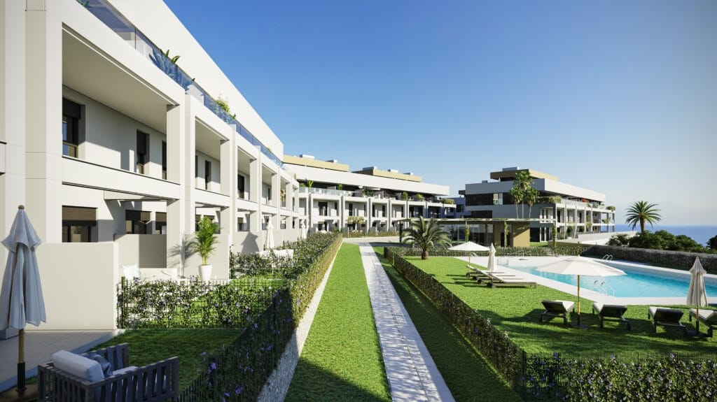 Gemeenschappelijk zwembad van nieuwbouw appartement in Cancelada in Spanje, gelegen aan de  Costa del Sol-West