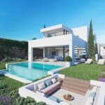 Zwembad en vooraanzicht van nieuwbouw villa in Estepona in Spanje, gelegen aan de  Costa del Sol-West