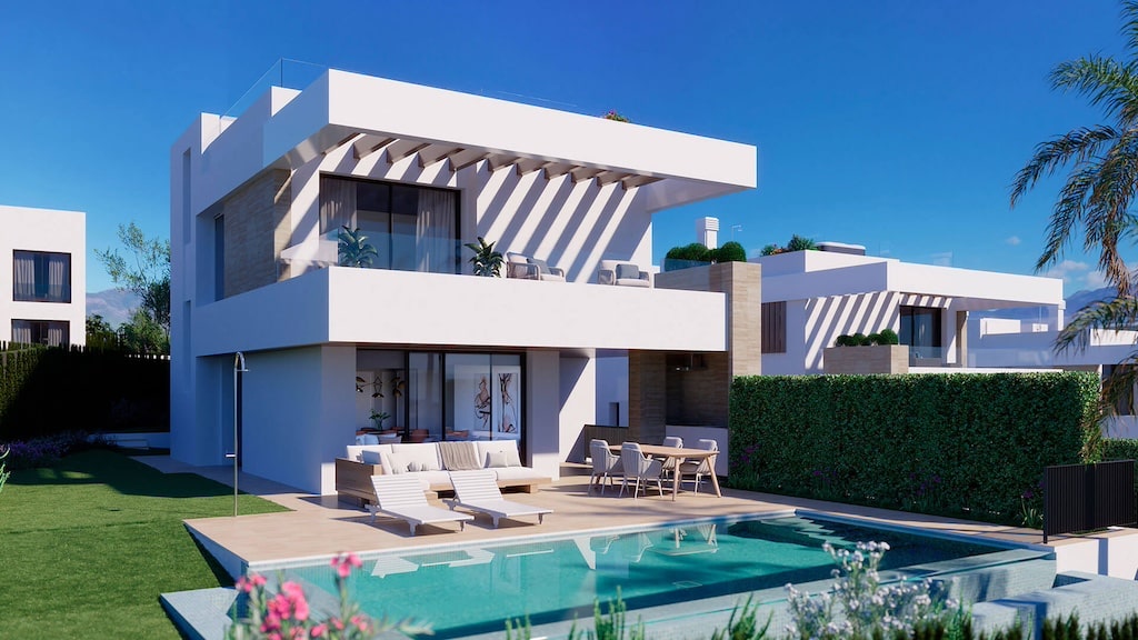 Terras en tuin van nieuwbouw villa in Estepona in Spanje, gelegen aan de  Costa del Sol-West