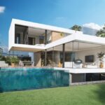 Zwembad en vooraanzicht van nieuwbouw villa in Estepona in Spanje, gelegen aan de  Costa del Sol-West