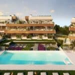 Gemeenschappelijk zwembad van nieuwbouw appartement in Marbella in Spanje, gelegen aan de  Costa del Sol-West