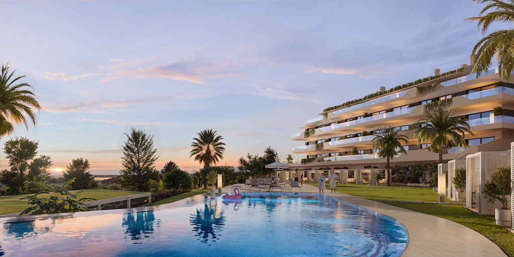 Gemeenschappelijk zwembad van in Mijas Costa in Spanje, gelegen aan de  Costa del Sol-Centro