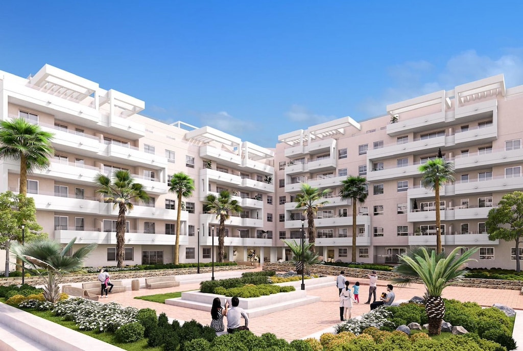 Gemeenschappelijke tuin van nieuwbouw appartement in Nueva Andalucia in Spanje, gelegen aan de  Costa del Sol-West