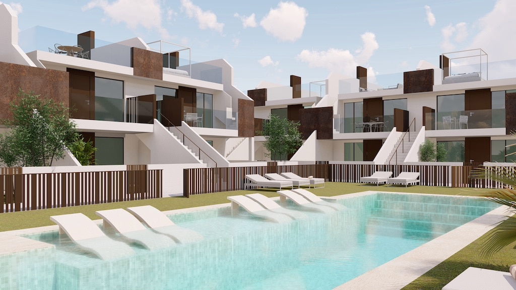 Gemeenschappelijk zwembad van nieuwbouw appartement in Pilar De La Horadada in Spanje, gelegen aan de  Costa Blanca-Zuid