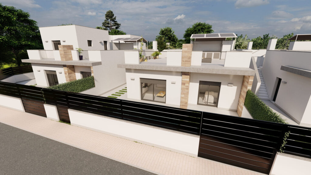 Vooraanzicht van nieuwbouw villa in Roldan in Spanje, gelegen aan de  Costa Cálida