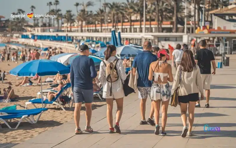 Toeristen wandelen op boulevard aan het strand in Spanje