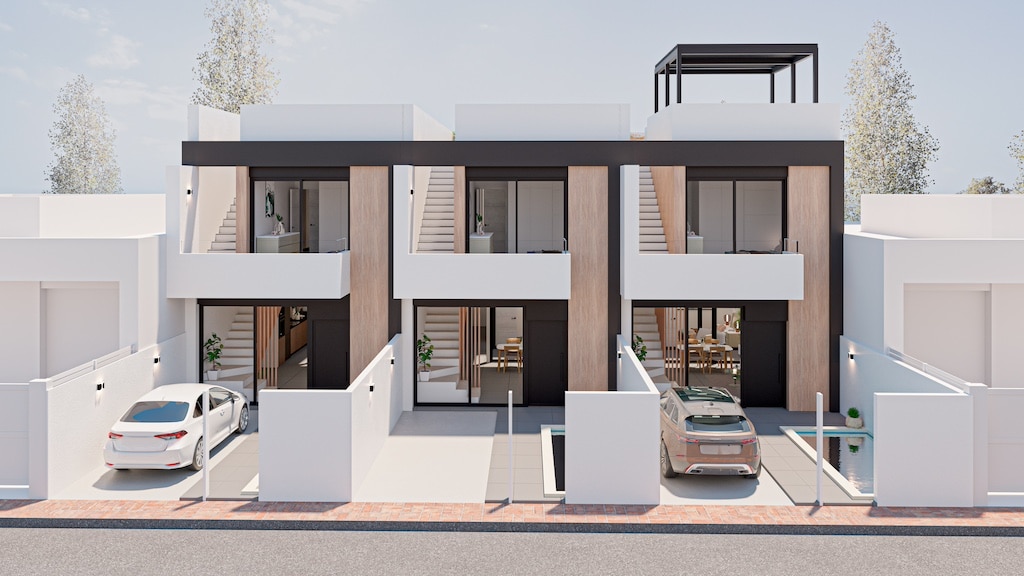 Vooraanzicht van nieuwbouw huis in San Pedro Del Pinatar in Spanje, gelegen aan de  Costa Cálida