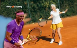 Foto van Rafael Nadal en oudere dame op een tennisplein
